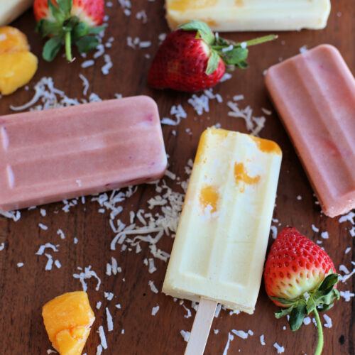 creamy popsicles with mango, strawberry, and beets