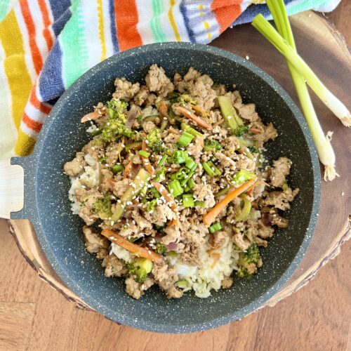 Turkey with teriyaki sauce in a bowl