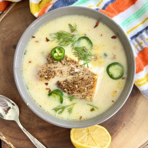 Seaoof chowder with mahi mahi in a bowl