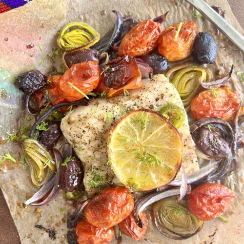 baked mediterranean cod recipe with lots of veggies