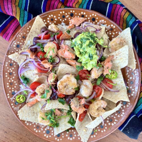 loaded healthy nachos with shrimp